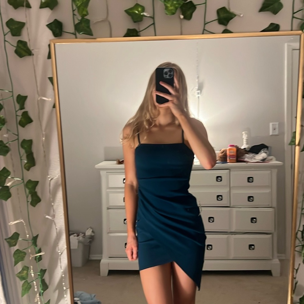 Homecoming dress - SPLASH - Spaghetti strap shirred dress teal S